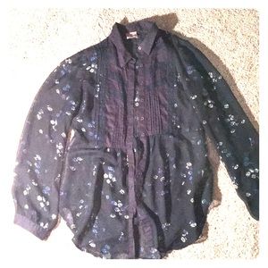 Free People Navy Sheer Floral Blouse